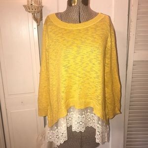 Mossimo yellow knit white lace ruffle sweater M